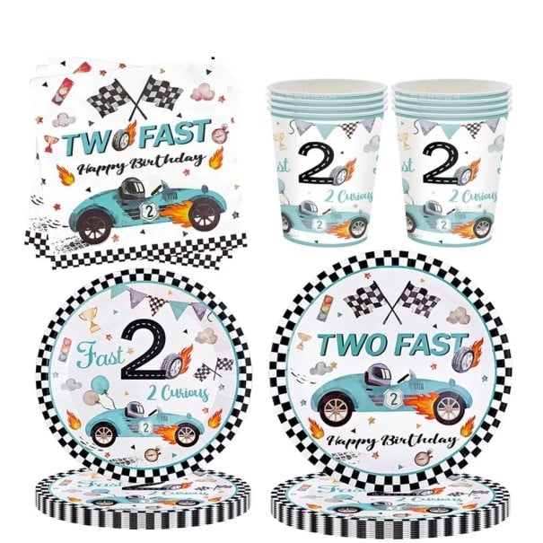 50 de bucăți Set de petrecere de ziua de naștere Two Fast 10x farfurie 17,8 cm 10x farfurie 22,9 cm 10x pahar 20x șervețel motiv de curse petrecere 1