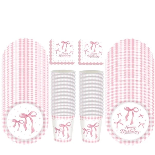 50 kpl Juhlasetti paperiastioita Vaaleanpunaiset nauhat 10 lautasta 17,8 cm + 10 lautasta 22,9 cm + 10 mukia + 20 servettiä Syntymäpäiväsarja 1