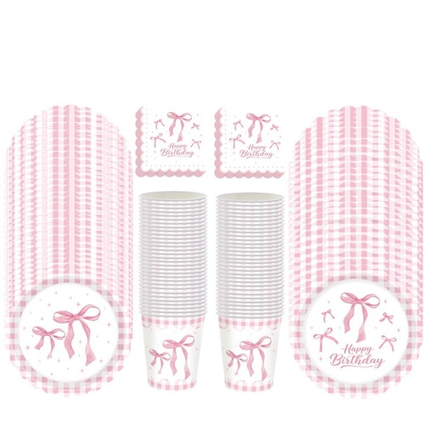 50 pcs Ensemble de fête en vaisselle en papier Noeuds roses 10 assiettes 17,8 cm + 10 assiettes 22,9 cm + 10 gobelets + 20 serviettes Ensemble 1