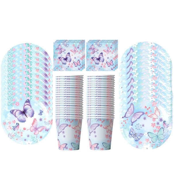 50 pcs Ensemble de vaisselle de fête bleue avec des papillons 10× assiette 18 cm 10× assiette 23 cm 10× gobelet en papier 20× serviette Vaisselle jetable 1
