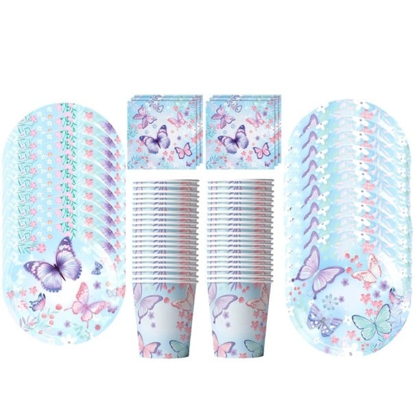 50 pcs Ensemble de vaisselle de fête bleue avec des papillons 10× assiette 18 cm 10× assiette 23 cm 10× gobelet en papier 20× serviette Vaisselle 1