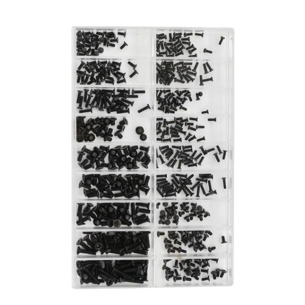 500 ks mini skrutky ploché, pan a tenké hlavy 1.2–2.0 mm čierna sada na opravu notebookov, mobilov a okuliarov 1