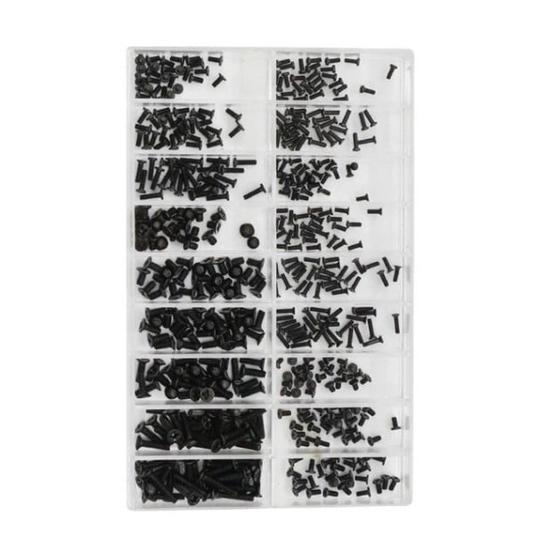 500 ks mini šroubky plochá, pan a tenká hlava 1.2–2.0 mm černá sada pro opravu notebooku, mobilu a brýlí 1