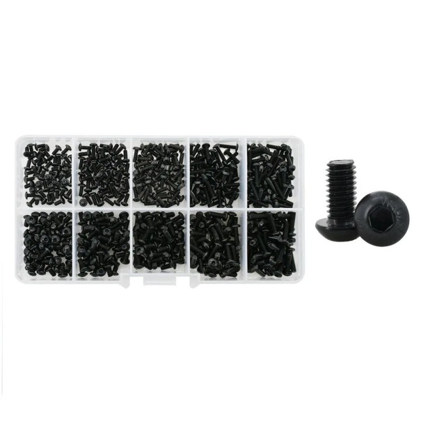 500 ks sada šroubů M2 a M2.5 kulatá hlava 10.9 grade legovaná ocel černá barva různé velikosti pro montážní použití 1