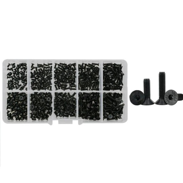 500 ks sada šroubů M2 a M2.5 plochá hlava 10.9 grade legovaná ocel černá barva různé velikosti pro montážní práce 1
