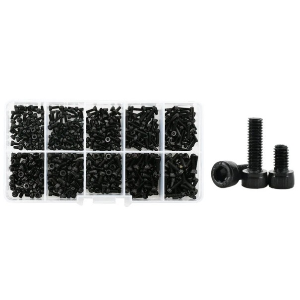 500 ks sada šroubů M2 a M2.5 válcová hlava 12.9 grade legovaná ocel černá barva různé velikosti pro přesné montáže 1