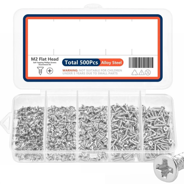 500 ks samořezné šrouby M2 s plochou hlavou sada 5 velikostí legovaná ocel stříbrná barva pro drobné montážní práce 1