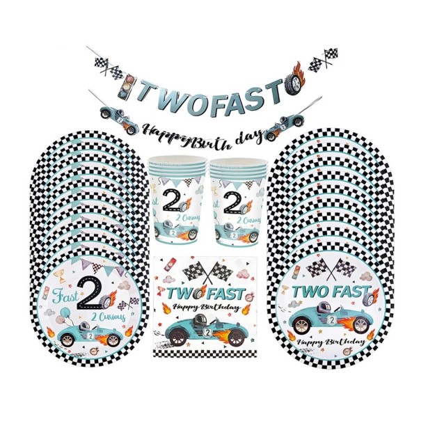 51 szt Narozeninowa party sada Two Fast 10x talerz 17,8 cm 10x talerz 22,9 cm 10x kubek 20x serwetka 1x baner wyścigowy 1