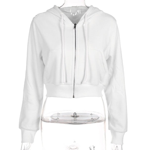 Dam kort hoodie med huva och hel dragkedja Vit crop stil Dragsko Två framfickor Ribbad mudd Polyester och bomull XS