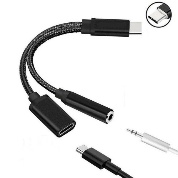USB-C till 3,5 mm jack och USB-C Splitter för att ansluta hörlurar till en enhet med USB-C-port Flätad kabel Aluminiumlegering Svart färg 1