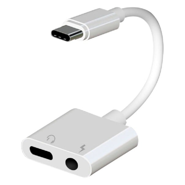Adapter USB-C till 3,5 mm jack och USB-C för att lyssna på musik medan du laddar telefonen Vit hub med två uttag Längd 131 mm 1