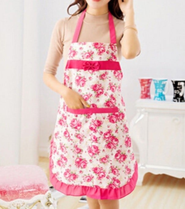 Delantal de cocina con flores J2910 rosa