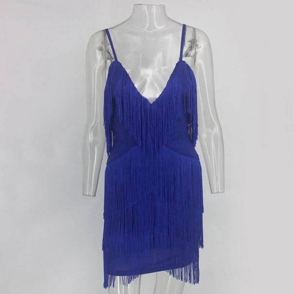 Mini rochie de lux cu franjuri albastru S