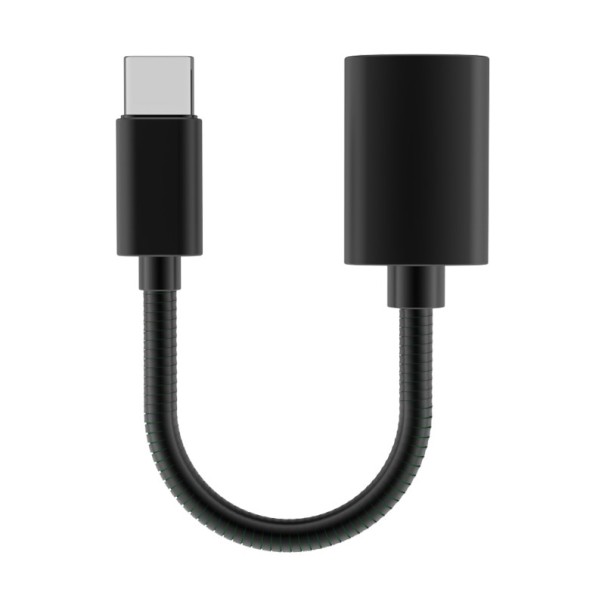 Adapter USB-C till USB 3.0 med kort flexibel kabel för telefon och bärbar dator Aluminiumlegering i ändarna Räfflad hölje Längd 14 cm svart