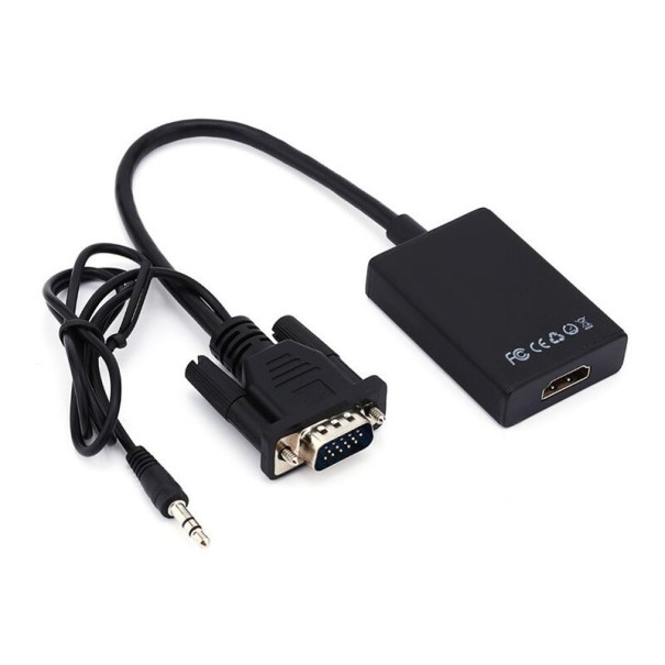 VGA till HDMI-adapter med ljudkabel 3,5 mm jack För att ansluta datorn till TV eller monitor Upplösning upp till 1080p Ljudkabel cirka 84 cm 1