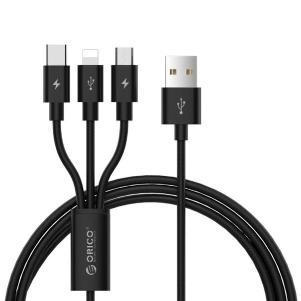 USB till Micro USB / USB-C / Lightning laddningskabel K665 svart