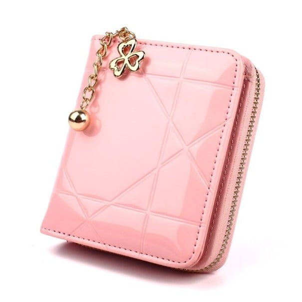 Dam liten glänsande plånbok i PU-läder med relief geometriskt mönster Dragkedjestängning Dekorativt hängsmycke med kedja 13 x 10 x 3 cm rosa
