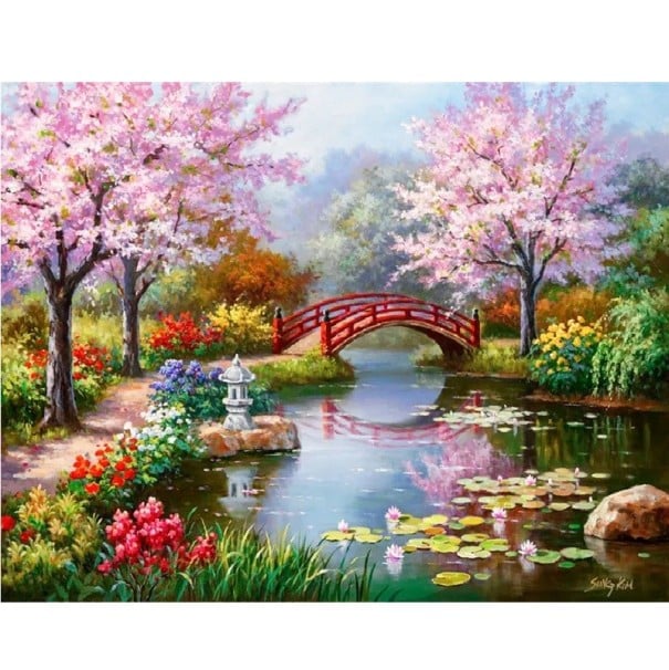 5D-Diamantgemälde zum Selbermachen, 30 x 40 cm, japanischer Garten mit Brücke, komplett runde Strasssteine, Landschaftsstickerei, Kunst 1