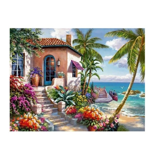 5D-Diamantgemälde zum Selbermachen, 30 x 40 cm, Villa am Meer, Palmen, Meeresblumen, Sommerlandschaft, runde Strasssteine, Kreuzstich, Dekoration 1