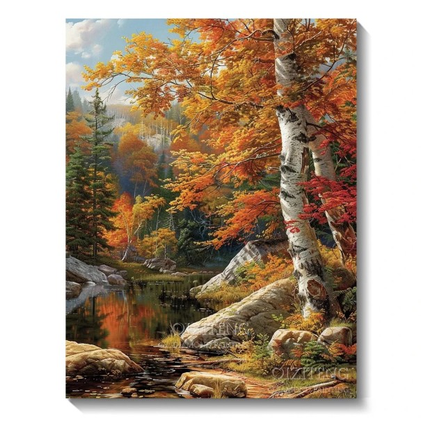 5D quadro di diamante 30x40 cm Bosco Autunnale con betulla e lago Set di ricamo a mosaico DIY Pietre rotonde piene Decorazione manuale Regalo 1
