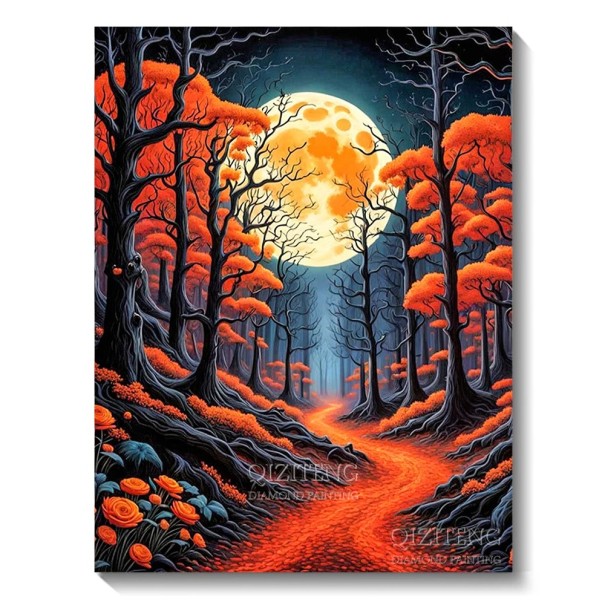 5D quadro di diamanti 30x40 cm Bosco lunare con alberi arancioni Paesaggio notturno Kit di ricamo a mosaico DIY Pietre piene Decorazione da parete 1