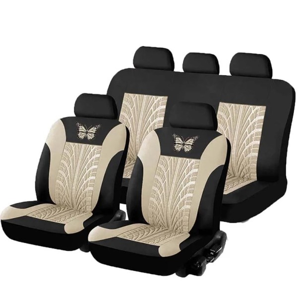 5er Set Autositzbezüge Reifendesign mit Fliege Schützende Autositzbezüge Polyester Stilvolles Muster Pflegeleicht Universelle Passform beige