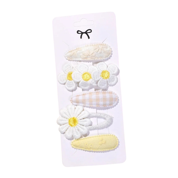 5er Set Kinder Haarspangen mit Blumen Bunte Deko-Clips Niedliche Haar-Accessoires Florales Design Mädchenfrisuren Zarte Pastellfarben gelb
