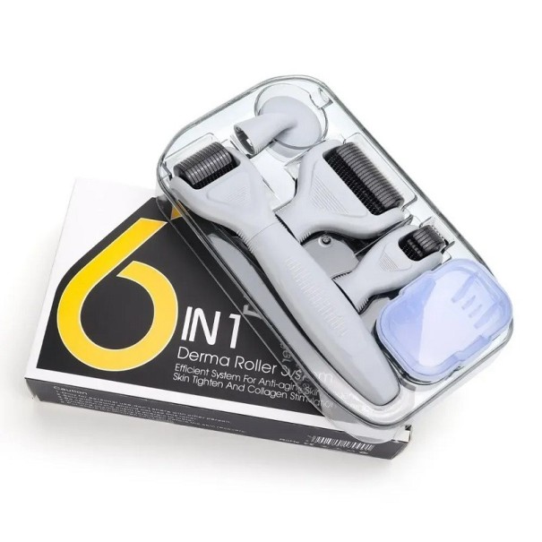 6-in-1 mesotherapieset Derma-roller met 4 verwisselbare opzetstukken van verschillende groottes Set met massageroller met naalden voor het hele lichaam 13,8 cm zwart