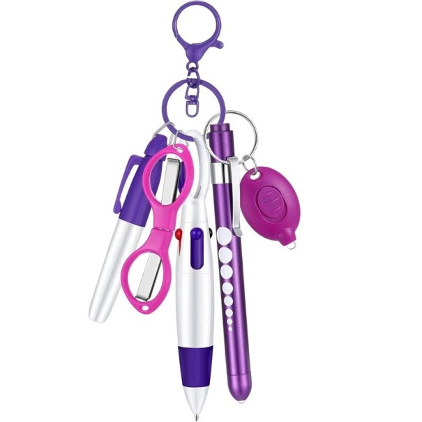 6-in-1 Multifunktions-Druckkugelschreiber für Krankenschwestern mit LED-Taschenlampe, Klappschere, Schlüsselanhänger, Marker und Kugelschreiber, 0,5 mm lila