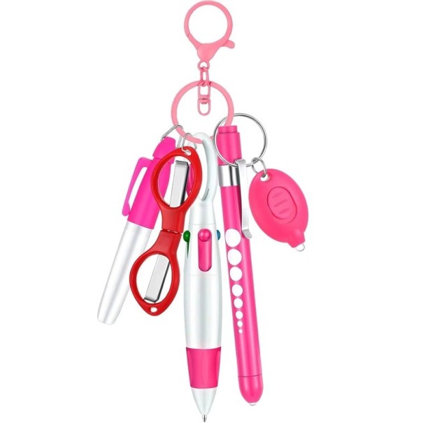 6-in-1 Multifunktions-Druckkugelschreiber für Krankenschwestern mit LED-Taschenlampe, Klappschere, Schlüsselanhänger, Marker und Kugelschreiber, 0,5 mm rosa