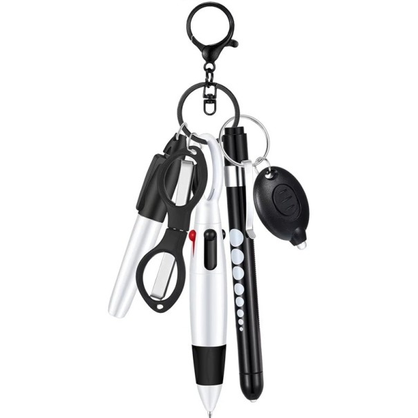 6-in-1 Multifunktions-Druckkugelschreiber für Krankenschwestern mit LED-Taschenlampe, Klappschere, Schlüsselanhänger, Marker und Kugelschreiber, 0,5 mm schwarz