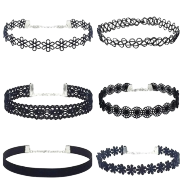 6 kpl naisten mustia choker-kaulaketjuja, pitsimuotoilu, käytännöllinen kiinnitys, tyylikäs lisä jokapäiväiseen ja iltakäyttöön 1