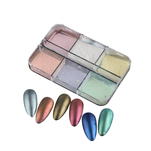6 ks zrcadlový prášek na nehty s metalickým chromovým efektem Holografický a aurora finish 1