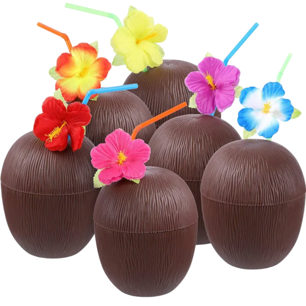 6 Stück Hawaiianische Sommer Kokosnuss Trinkbecher Kunststoffbecher in Kokosnusshülle für Saft Hochzeit Geburtstag Strandparty Pooldekoration
