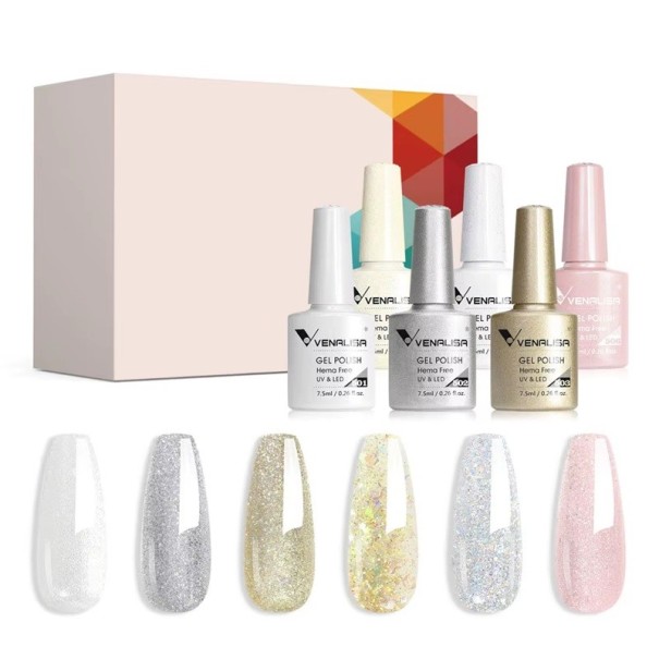 6 stuks UV LED gelnagellak 7,5 ml Set voor thuismanicure Glinsterend effect Zonder HEMA en TPO Ecologisch verantwoorde semi-permanente lakken 1