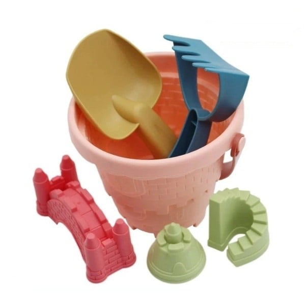 6-teiliges Sandspielzeug-Set mit Eimer, Schaufel und Formen aus Kunststoff in Rosa-Blau für das Spielen im Sandkasten und am Wasser