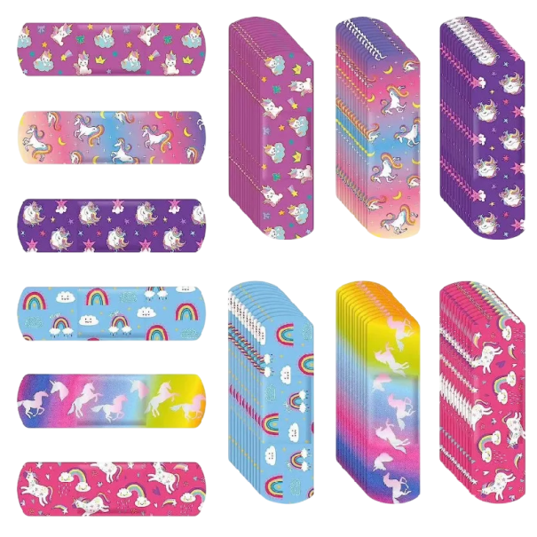 60 piezas de parches impermeables infantiles con unicornios 72 x 19 mm Parches coloridos para el botiquín de primeros auxilios Motivos alegres 1