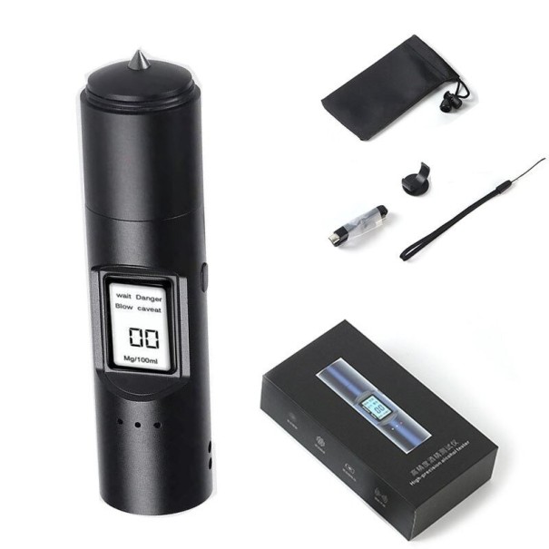 Alkoholtestare med hammare för att krossa fönster Mätning av alkohol i utandningsluft Laddning via USB-C Batteri 300 mAh Ljudsignal Aluminiumlegering 1
