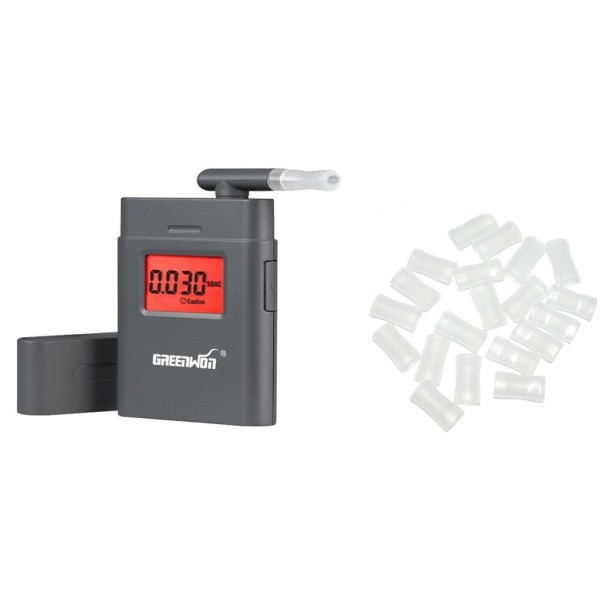 Digital alkoholtester med belyst skärm och 20 utbytbara munstycken Mätprecision 0,1 ‰ Kompakta mått 7,8 x 5,6 x 1,4 cm 1