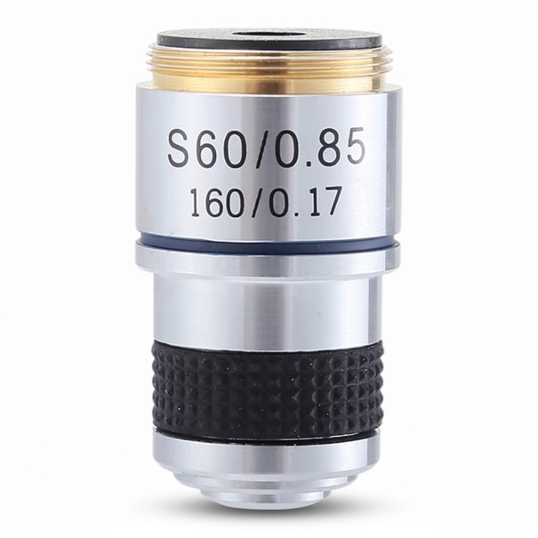 60x ezüst mikroszkópos objektív achromatikus optikával és 0,85-ös apertúrával biológiai mikroszkópokhoz, 185 mm-es konjugált távolsággal 1