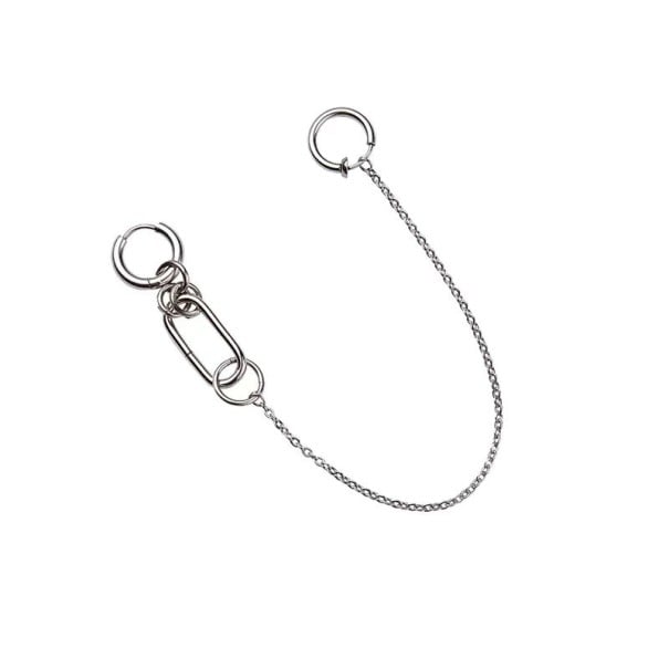 Damörhänge med kedja till örat och läppen Två ringar kopplade med en fin kedja Dekorativ oval länk Smyckesmetall Silverfärg 1 st 1