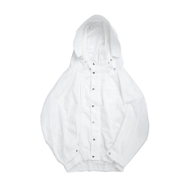Dam oversize jacka med huva i vit färg Knäppning med tryckknappar Ballongskärning med elastisk nederkant och manschetter Polyester med bomull M