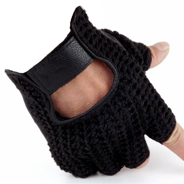 Stickade herrhandskar med läderhandflata svart