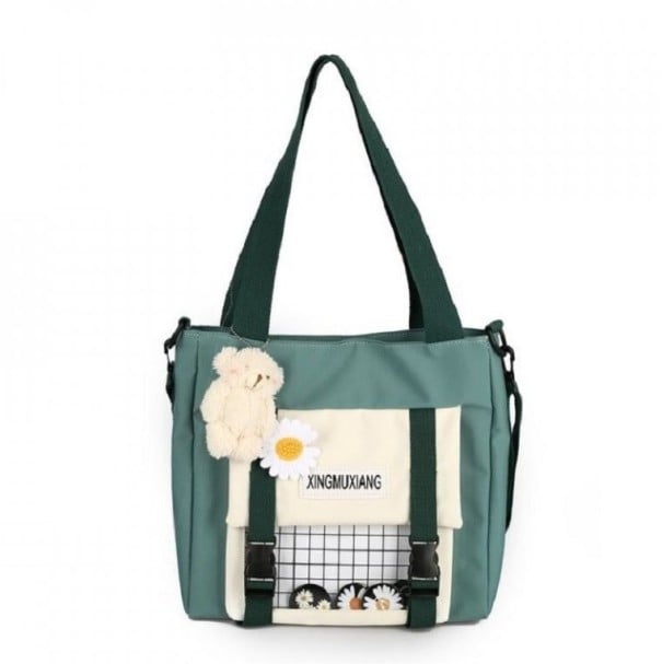 Damsväska för hand och över axeln Framficka med spännen och genomskinligt fönster Dekorativ prästkrage Nylon och polyester 30 x 29 x 9 cm grön