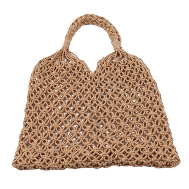 Damsk nätstrandväska av bomull Knutmönster av bomullssnören Handtag av sammanbundna snören Öppen handväska 33 x 27 cm ljusbrun