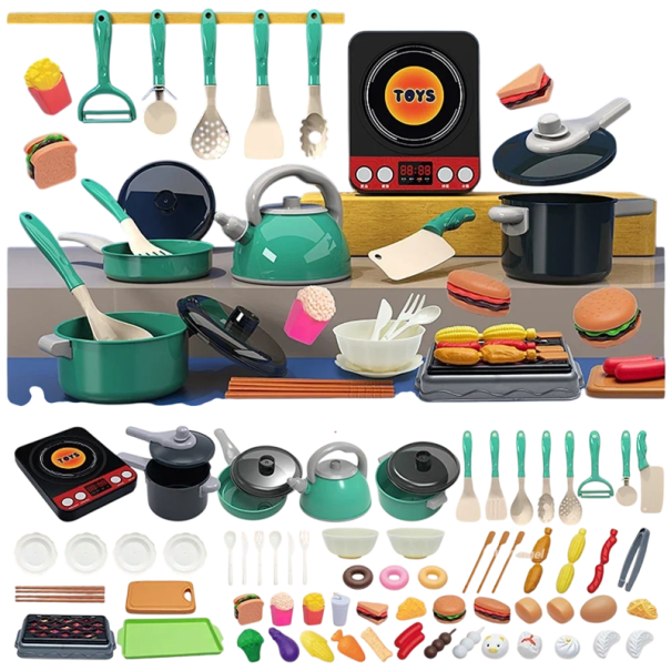 69 bucăți Set de bucătărie verde pentru copii Unelte de bucătărie și alimente Jucărie din plastic pentru bucătăria copiilor Set complet de accesorii 1