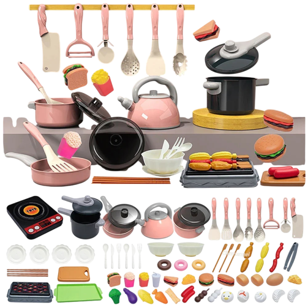 69 pezzi Set da cucina rosa per bambini Utensili da cucina e cibo Giocattolo in plastica per la cucina dei bambini Set completo di accessori da cucina 1