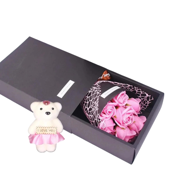 7 flores de sabonete rosa com ursinho e caixa de presente 29x19 cm presente decorativo para celebrações e aniversários rosa