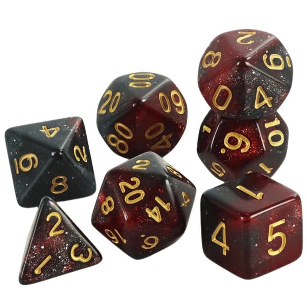 7-teiliges Set mehrseitiger RPG-Würfel im Galaxie-Stil Mehrfarbige Fantasy-Satz für Tischspiele Drachenhöhle Rollenspiel rot