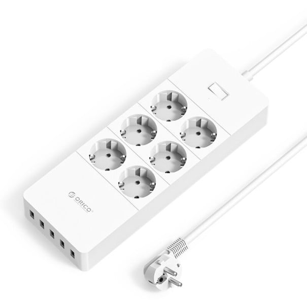 Förlängningssladd med strömbrytare 6x uttag, 5x USB 1,5 m vit